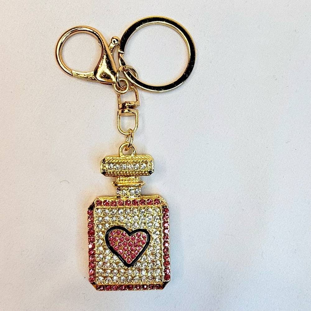 Gold and Pink Heart Perfume Bottle Rhinestone Keychain